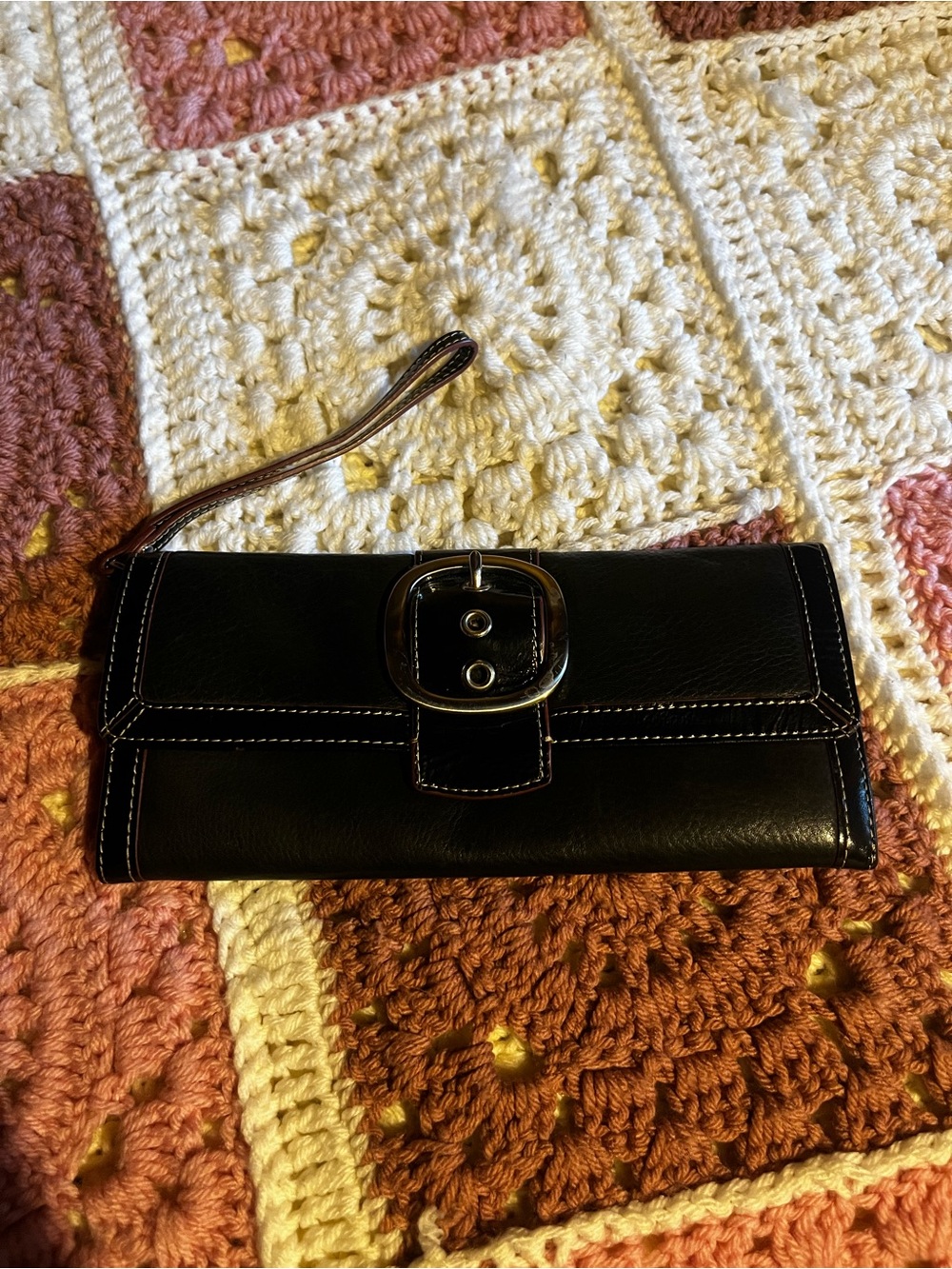 Fossil Black Leather Wristlet Wallet with Silver Buckle and Red Interior